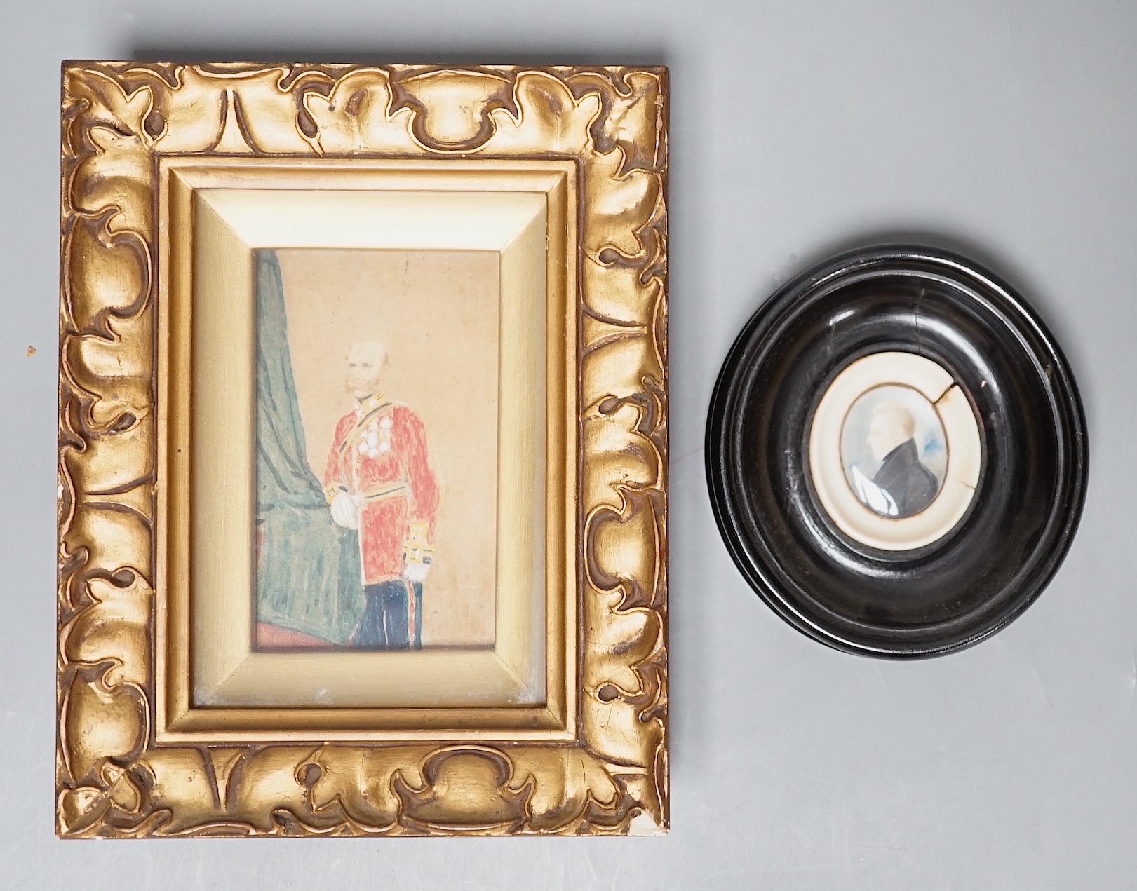 A 19th century portrait miniature on ivory of a gentleman in oval frame, 9.5cm and an overpainted photographic portrait (2)